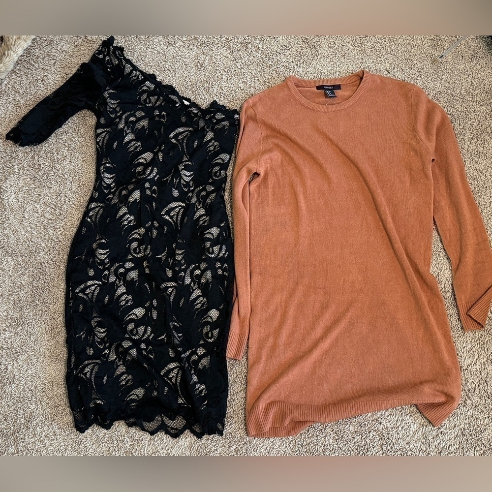 Size Small Dress Bundle Lot H&M Black Lace and Forever 21 Rust Sweater Dress